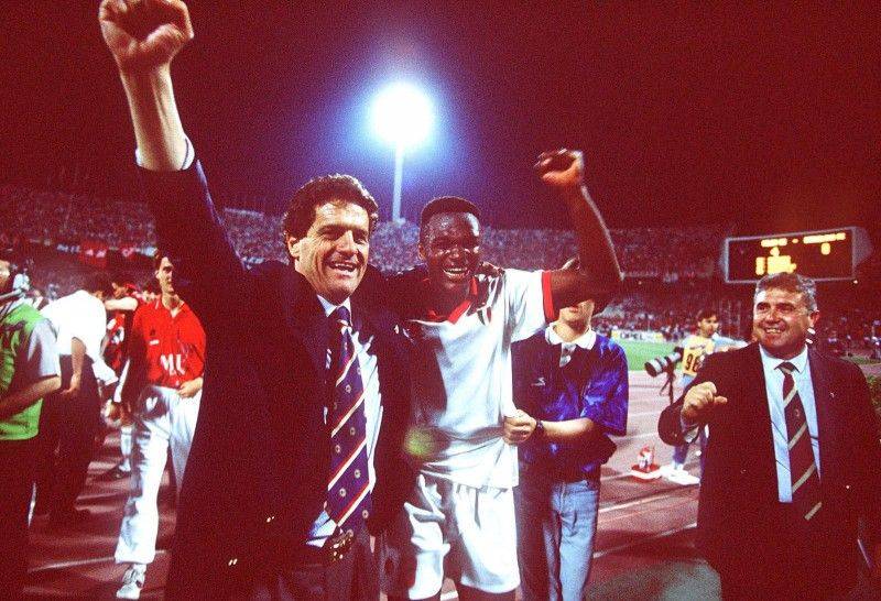 ATHENS, GREECE - MAY 18: CHAMPIONS LEAGUE 93/94, FINALE 1994, Athen; AC MAILAND - FC BARCELONA 4:0; JUBEL TRAINER Fabio CAPELLO, Marcel DESAILLY/MAILAND (Photo by Michael Kunkel/Bongarts/Getty Images)
