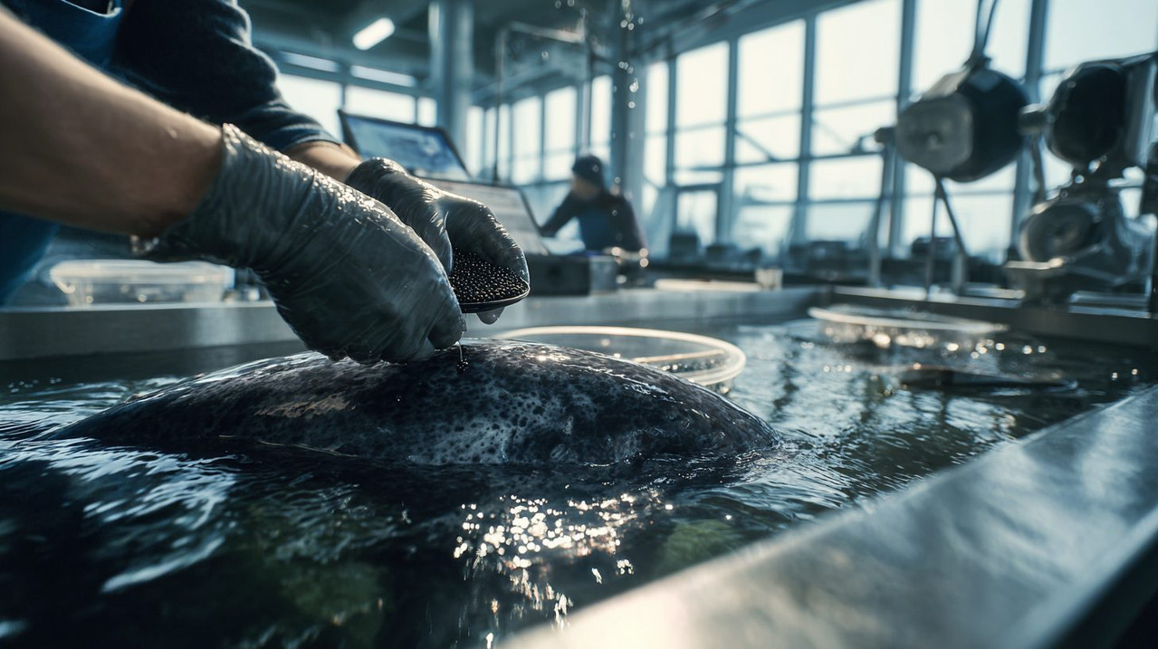 Процесс сбора икры у осетра на ферме