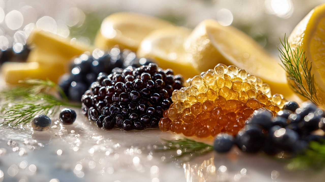 Различные типы икры осетра на тарелке